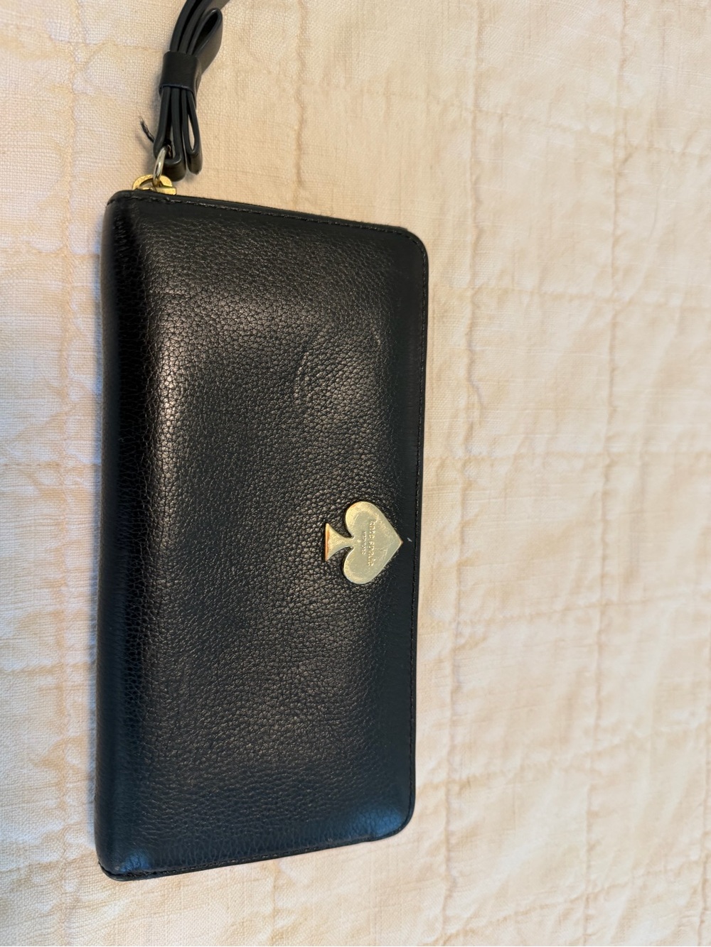 kate spade Black Pebbled Leather Zip Wristlet with Gold Spade Accent